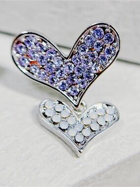 Silver Double Heart Brooch with Purple and White Crystals